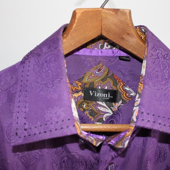VINTAGE Vizoni Uomo Men's Purple Jacquard Button Down Shirt Size S - Picture 5 of 15